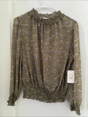 Olive Floral Smocked-Hem Blouse with Purple Accents